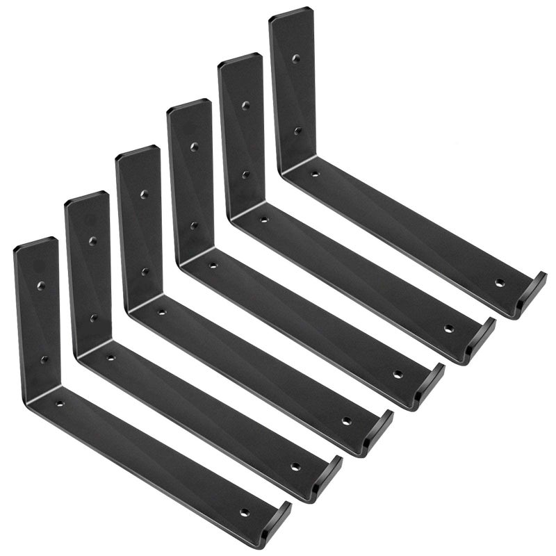 Qualward Shelf Brackets 10 Inch, Heavy Duty Black Metal Floating Shelf Bracket, Rustic Farmhouse Decorative Iron L Bracket with Lip/Hook, J Brackets Wall Angel Corner Brace for Wood Shelves - 6 Pack - Image 1